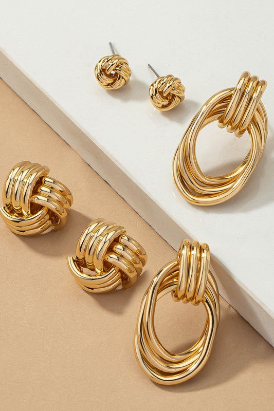 Metal Knot Trip and Hoop Earrings Fashion Lux Shop